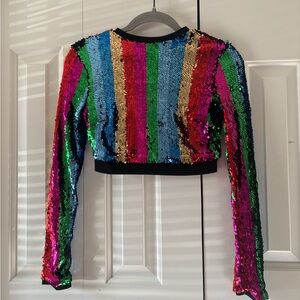 Cropped Long Sleeve Sequin Top - Multicolor Stripes